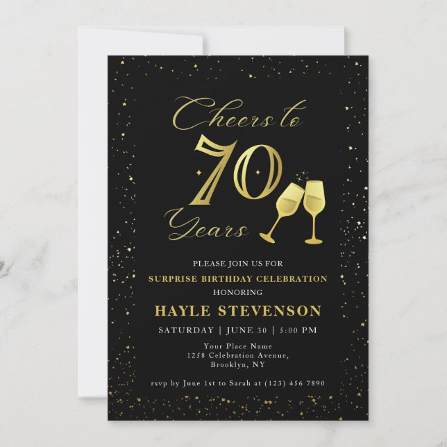 Invitation Luxury Black Gold Confetti encourage à 70e anniver (Devant)