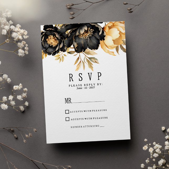 Invitation Luxury black ivory gold peony floral RSVP (Luxury black ivory gold peony floral RSVP )