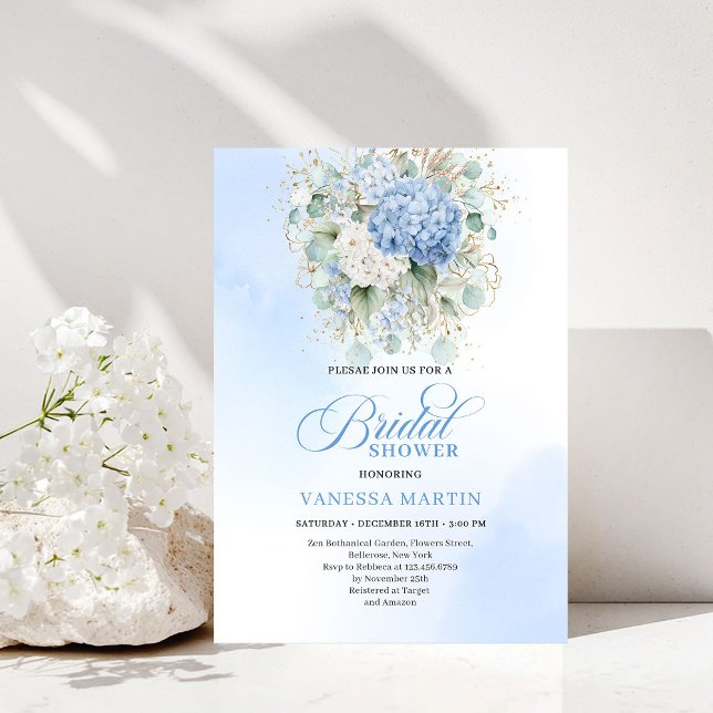 Invitation Luxury Blue Hydrangea Bridal Shower Gold Invitatio (Luxury Blue Hydrangea Bridal Shower Gold Invitation)