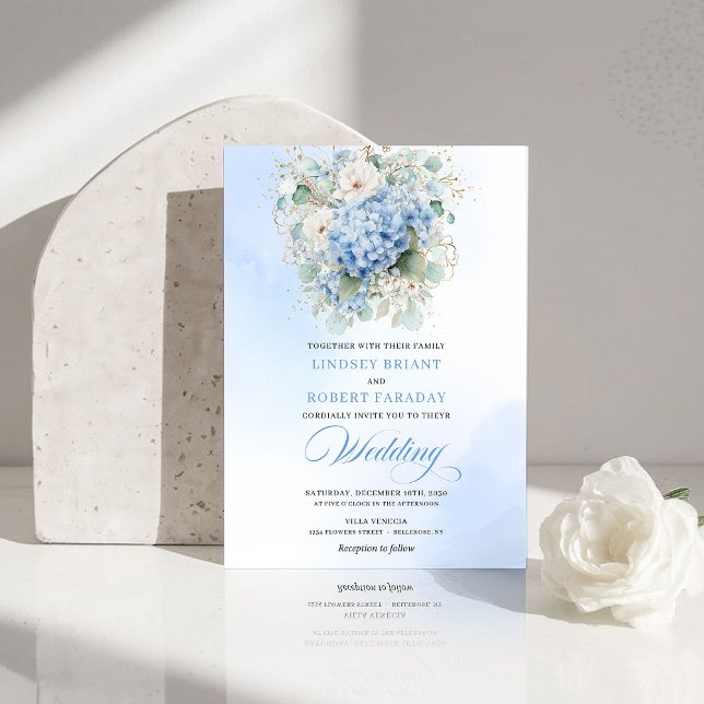 Invitation Luxury Blue Hydrangea Floral Gold Wedding Invite (Luxury Blue Hydrangea Floral Gold Wedding Invite)