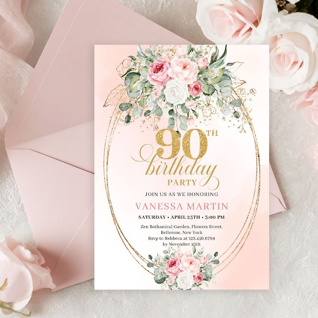 Invitation Luxury Blush Rose Gold Boho 90th Birthday Invite (Delicate Blush Floral Greenery Elegant 90th Birthday Invite)