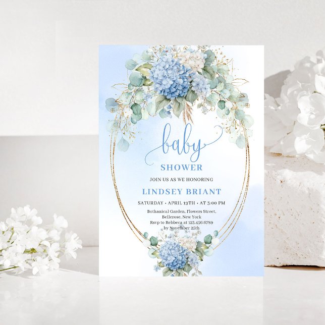 Invitation Luxury Bohemian Blue Hydrangea Baby Shower Invite (Luxury Bohemian Blue Hydrangea Baby Shower Invitation)