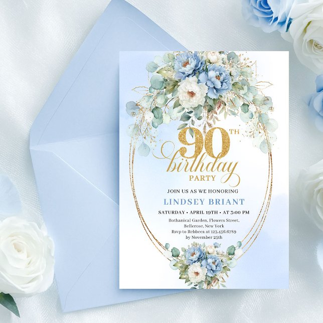 Invitation Luxury Boho Blue Peonies Eucalyptus Gold Birthday (Luxury Boho Blue Peonies Eucalyptus Birthday Invite)