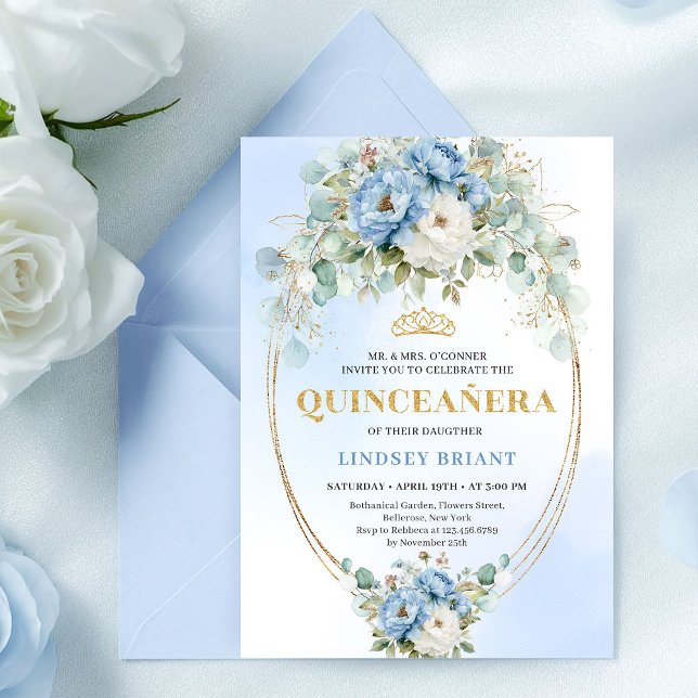 Invitation Luxury Boho Blue Peonies Quinceañera Printable (Luxury Boho Blue Peonies Quinceañera Printable)
