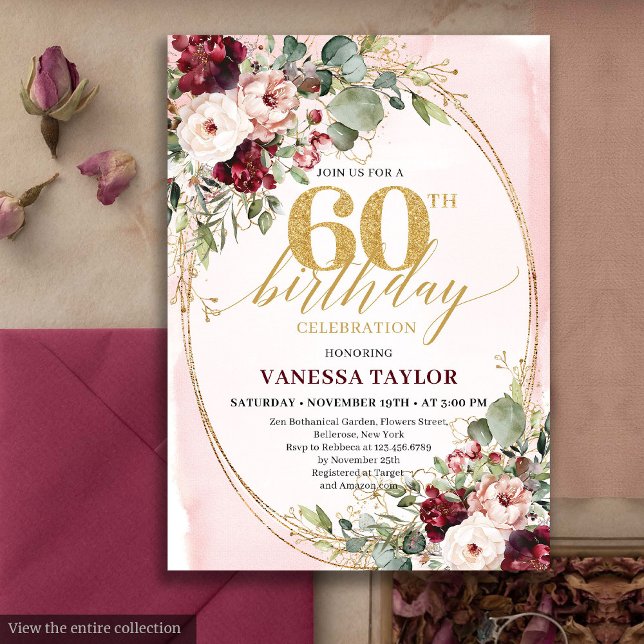 Invitation Luxury Boho Maroon Gold Floral 60th Birthday Card (Luxury Boho Maroon Gold Floral 60th Birthday)