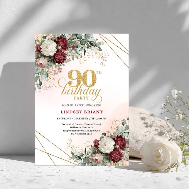 Invitation Luxury Burgundy Boho Floral Greenery 90th Birthday (Luxury Burgundy Floral Greenery 90th Birthday Invite)