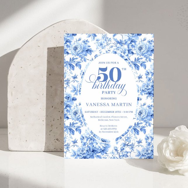 Invitation Luxury Deep Blue Toile Roses 50th Birthday Invite (Luxury Deep Blue Toile Roses 50th Birthday Invitation)