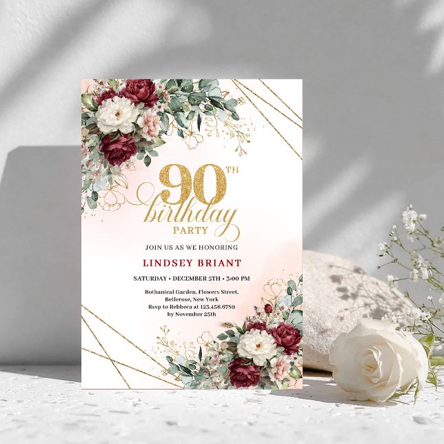 Invitation Luxury Deep Red Floral Gold 90th Birthday Invite (Luxury Deep Red Floral Gold 90th Birthday Invitation)