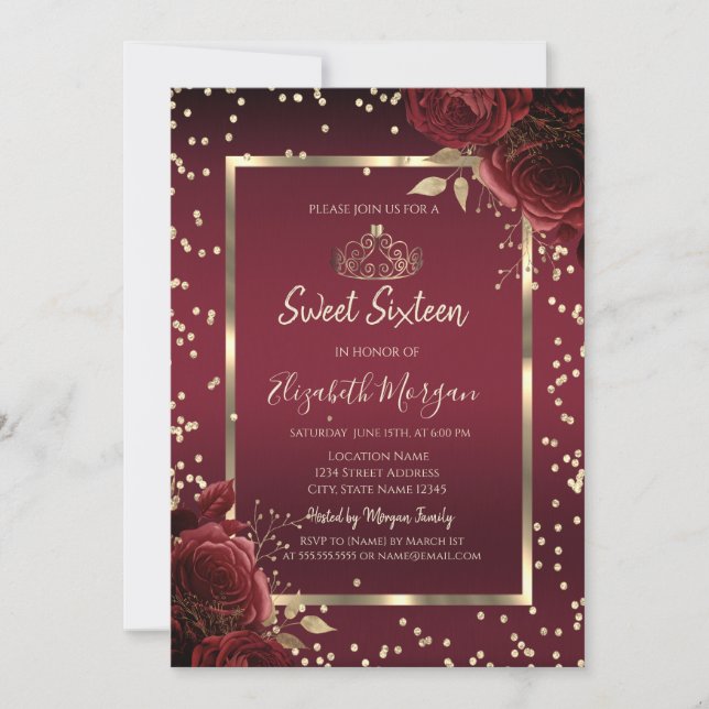 Invitation Luxury Diamonds Dark Red Roses Sweet Sixteen (Devant)
