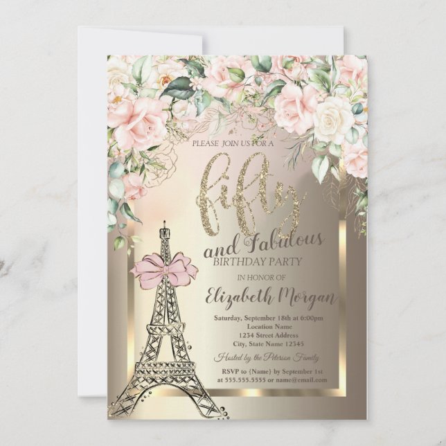 Invitation Luxury Diamonds Eiffel Tower,Pink Bow Roses 50th  (Devant)