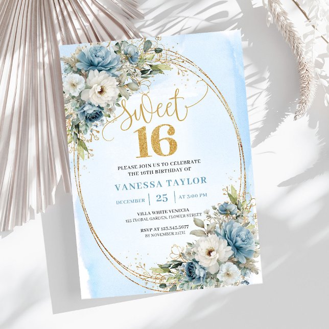 Invitation Luxury Dusty Blue Greenery Sweet 16th Birthday  (Luxury Dusty Blue Greenery Sweet 16th Birthday Invite)