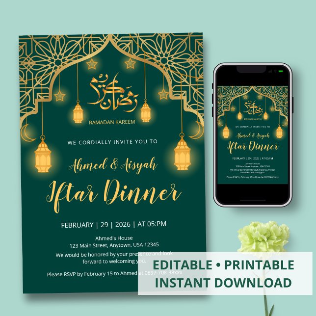Invitation Luxury Emerald Green and Gold Geometric Iftar (Créateur téléchargé)