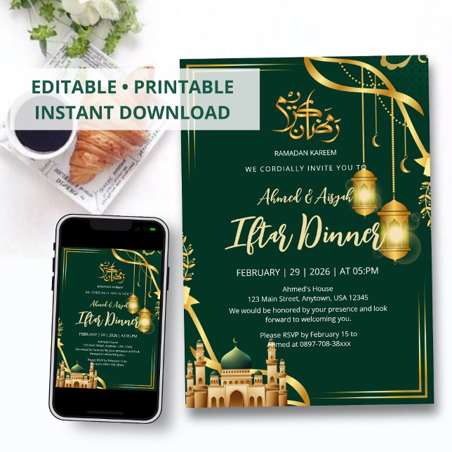 Invitation Luxury Emerald Green and Gold Mosque Iftar Dinner (Créateur téléchargé)