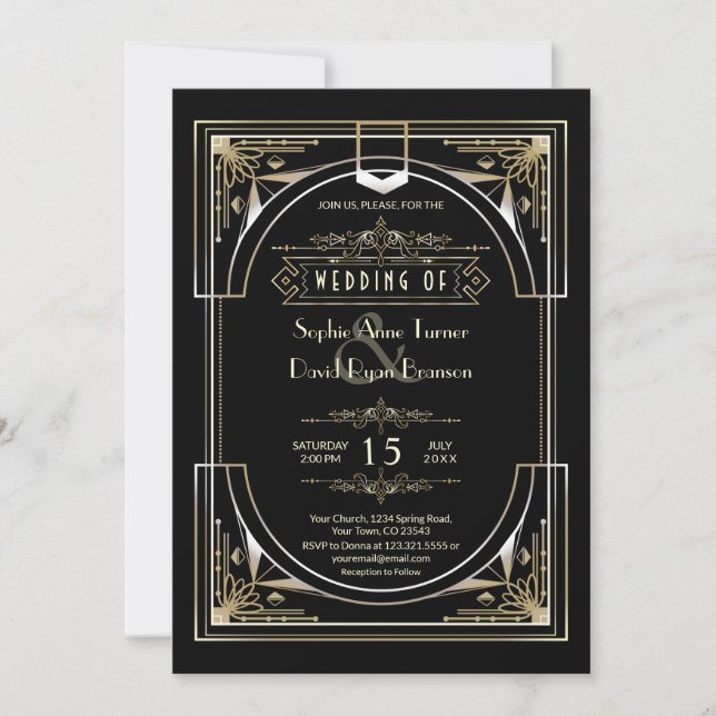 Invitation Luxury Gold Black Great 20s Style Mariage (Devant)