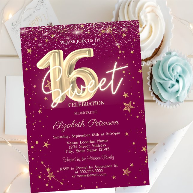 Invitation Luxury Gold Diamonds Stars Purple Sweet 16 (Créateur téléchargé)