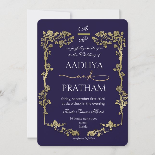Invitation Luxury Gold Floral Frame Wedding (Devant)