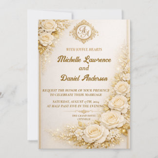 Invitation Luxury Gold Floral Wedding with Monogram