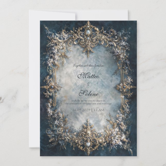 Invitation Luxury Gold Frame Dark Teal Floral Baroque Wedding (Devant)