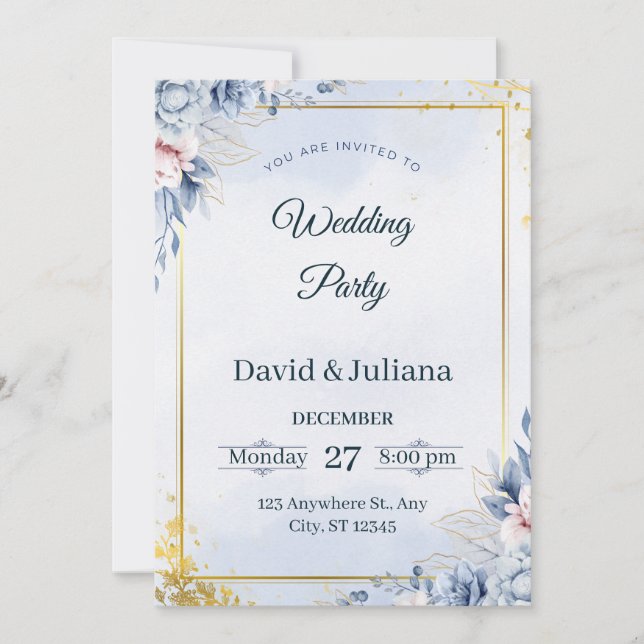 Invitation Luxury Gold Frame Navy Blue Floral Wedding Invitat (Devant)