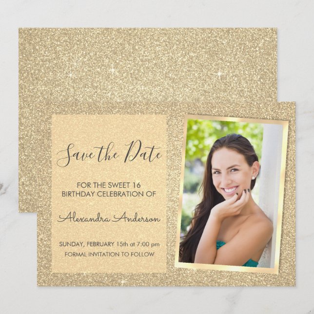Invitation Luxury Gold Parties scintillant Sweet 16 Enregistr (Devant / Derrière)