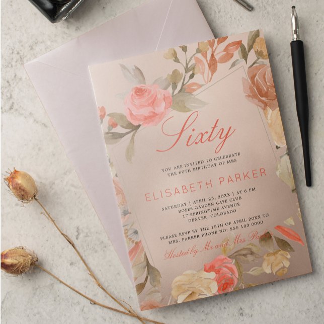 Invitation Luxury Gold Peach Coral Floral 60e fête d'annivers (Créateur téléchargé)