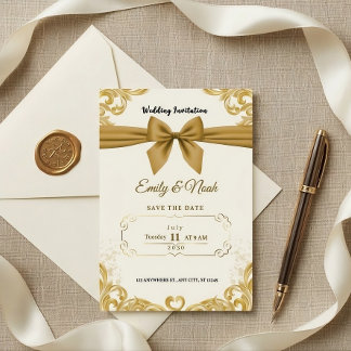 Invitation Luxury Gold Ribbon & Bow Elegant Wedding Invite