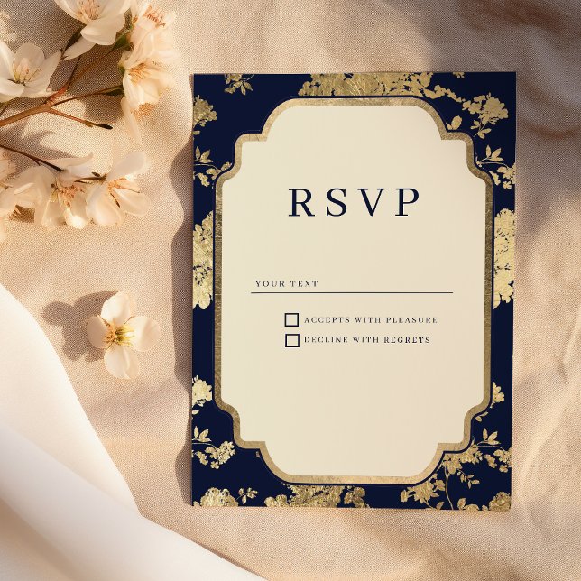 Invitation Luxury ivory navy blue gold floral RSVP (Luxury ivory navy blue gold floral RSVP )