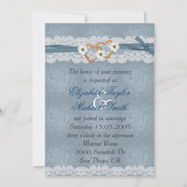 Invitation Luxury Lace Blue Ribbon Hearts Mariage Inviter (Devant)