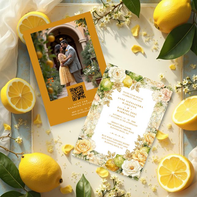 Invitation Luxury Mediterranean Lemons & Flowers Photo (Luxury Delicate Mediterranean Lemons & Flowers Frame Wedding Invitation Cards.)