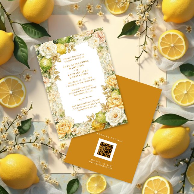 Invitation Luxury Mediterranean Lemons & Flowers Wedding (Luxury Delicate Mediterranean Lemons & Flowers Frame Wedding Invitation Cards.)