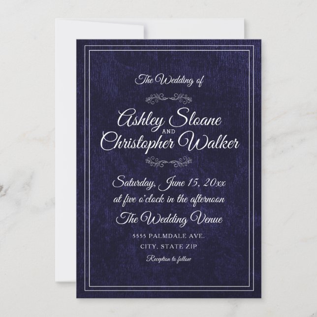 Invitation Luxury Navy Blue Velvet White Monogram QR code (Devant)