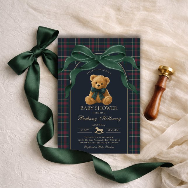 Invitation Luxury Polo Teddy Bear Green Bow Plaid Baby Shower (Créateur téléchargé)