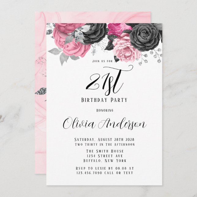 Invitation Luxury Rose Black Florals 21e fête d'anniversaire (Devant / Derrière)