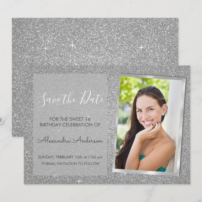 Invitation Luxury Silver Parties scintillant Sweet 16 Enregis (Devant / Derrière)