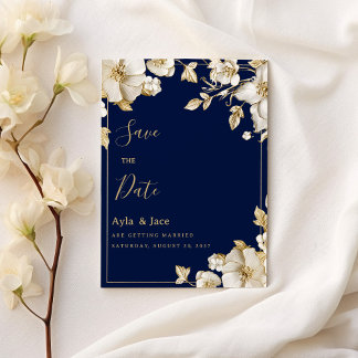 Invitation Luxury white gold floral navy blue Save the Date