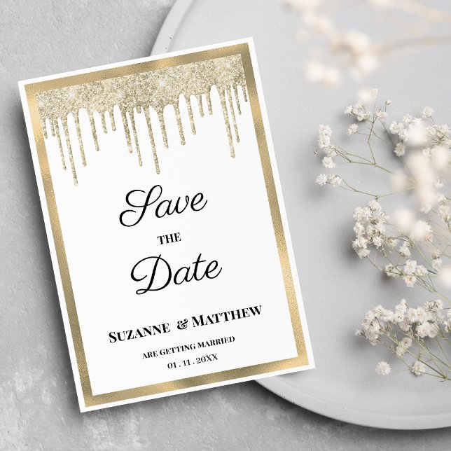 Invitation Luxury white gold glitter drips Save the Date (Luxury white gold glitter drips Save the Date)