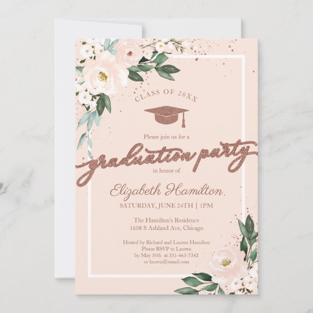 Invitation Lycée de fin d'année rose Blush Floral (Devant)