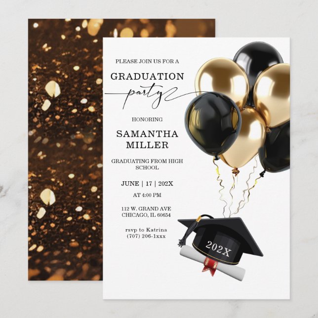 Invitation Lycée Gold et Black Graduation (Devant / Derrière)