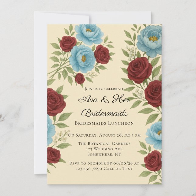 Invitation Lyons Blue Peony et Red Roses Bridesmaitres Déjeun (Devant)