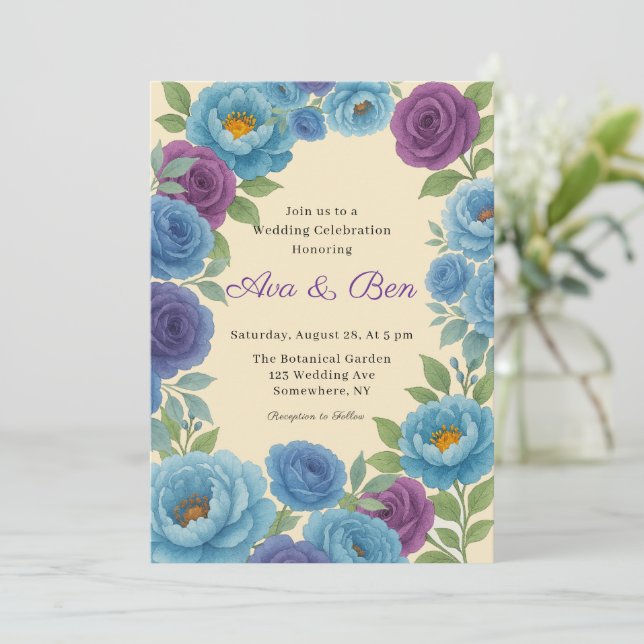 Invitation Lyons Blue Peony & Fig Purple Rose Mariage (Debout devant)