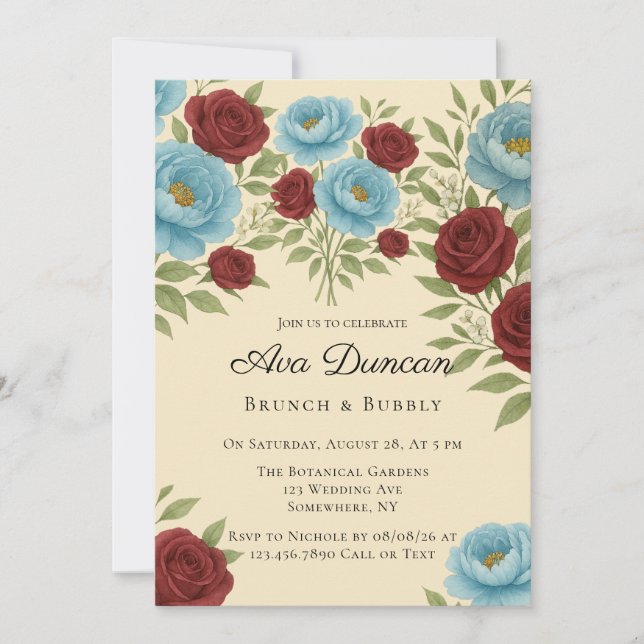 Invitation Lyons Blue Peony & Red Roses Brunch & Bubbly (Devant)