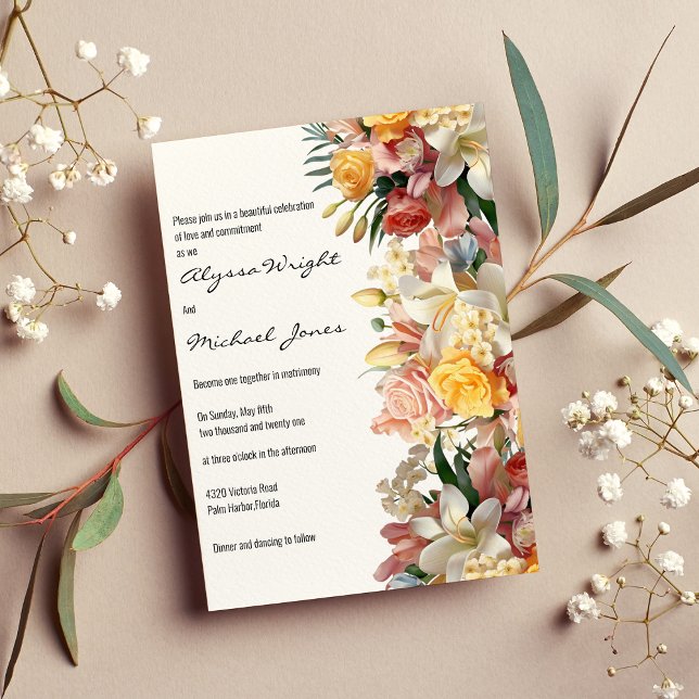 Invitation Lys à roses rose jaune orchidées Mariage floral (Pink yellow roses lilies orchids floral Wedding)
