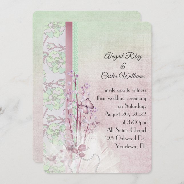 Invitation Lys de la vallée et papillon aux perles (Devant / Derrière)