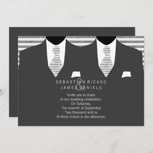 Invitation M. et M. Gray Costume et Cravate Mariage gay (Devant / Derrière)