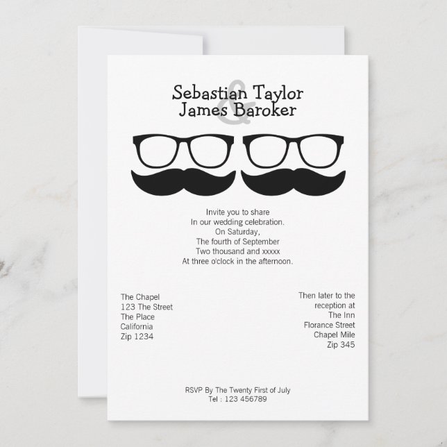 Invitation M. et M. Mustache et Mariage de lunettes (Devant)