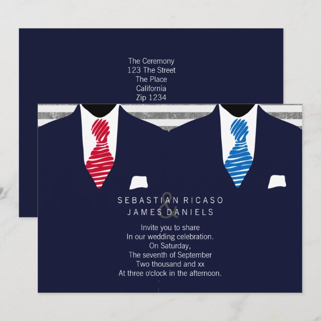Invitation M. et M. Suit et Cravate Mariage gay (Rouge bleu) (Devant / Derrière)