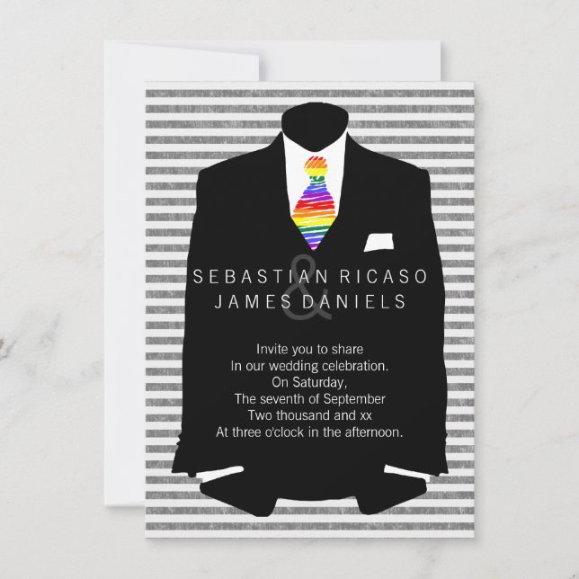 Invitation M. et M. Suit et Rainbow Cravate Mariage gay (Devant)