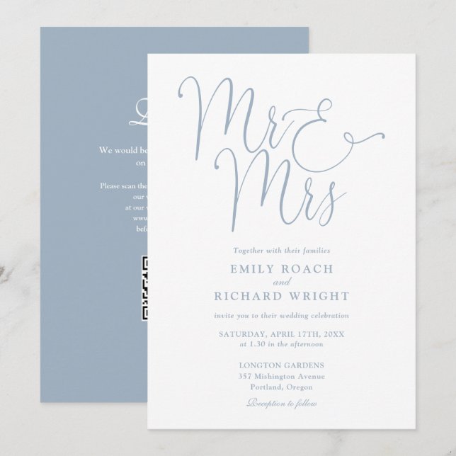 Invitation M. Et Mme Code QR Moderne Dusty Mariage bleu (Devant / Derrière)