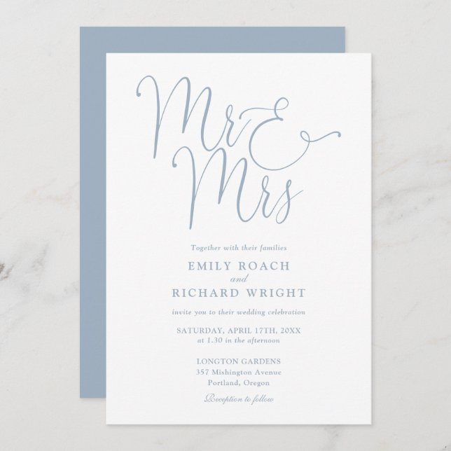 Invitation M. Et Mme Elegant Script Dusty Blue Mariage (Devant / Derrière)