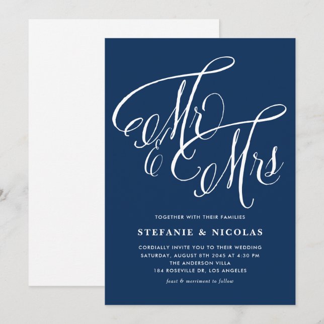 Invitation M. et Mme Rustic Calligraphy Mariage bleu de la ma (Devant / Derrière)